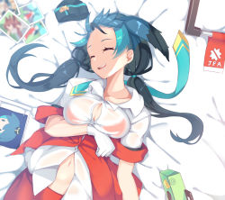 Rule 34 | 1girl, absurdres, arm under breasts, bed sheet, black hair, blue hair, breasts, button gap, commentary request, drooling, closed eyes, from above, gloves, hat, unworn hat, unworn headwear, highres, kemono friends, large breasts, long hair, low twintails, lying, medium breasts, multicolored hair, navel, on back, open mouth, passenger pigeon (kemono friends), photo (object), pikunoma, saliva, see-through, shirt, short sleeves, sleeping, solo, twintails, white gloves, white shirt, wing collar
