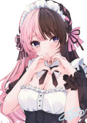 Rule 34 | 1girl, alternate costume, black bow, black bowtie, black hair, black nails, black ribbon, bow, bowtie, breasts, cleavage, detached collar, dress, frilled dress, frills, hair bow, hair ribbon, heart, heart hands, iris black games, large breasts, long hair, maid, maid headdress, moizumi shipon, multicolored hair, multicolored nails, nail polish, pink bow, pink hair, pink nails, pink ribbon, puffy short sleeves, puffy sleeves, ribbon, scrunchie, short sleeves, signature, simple background, solo, split-color hair, tachibana hinano (vtuber), two-tone hair, upper body, virtual youtuber, vspo!, white background, wrist scrunchie