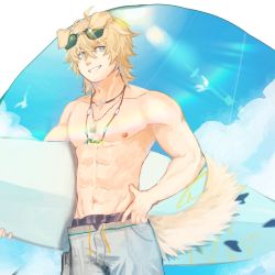 Rule 34 | 1boy, animal ears, arknights, blonde hair, blue eyes, dog ears, eyewear on head, highres, jewelry, male focus, necklace, surfboard, tail, tequila (arknights), topless male, water drop, wet, wet clothes
