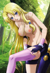 Rule 34 | 1girl, absurdres, angry, blonde hair, blue eyes, blush, breasts, densetsu no yuusha no densetsu, dressing, female focus, ferris eris, fingerless gloves, forest, gloves, grass, hair tubes, highres, large breasts, long hair, nakamura miyuki, nature, navel, nipples, nude filter, nyantype, open mouth, pink thighhighs, plant, single thighhigh, solo, sword, thighhighs, thighs, third-party edit, topless, tree, very long hair, weapon