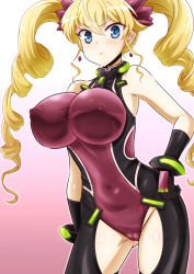 Rule 34 | 10s, 1girl, :&lt;, blonde hair, blue eyes, bodysuit, breasts, cameltoe, claire harvey, cleft of venus, covered erect nipples, covered navel, drill hair, earrings, female focus, gloves, gradient background, hundred (light novel), impossible clothes, jewelry, large breasts, long hair, looking at viewer, nami makoto, nipples, no bra, simple background, skin tight, solo, standing, twin drills
