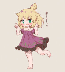 Rule 34 | 1girl, arinu, barefoot, blonde hair, blush, collarbone, dress, frilled sleeves, frills, full body, green eyes, grey background, hair between eyes, highres, index fingers raised, open mouth, original, purple dress, short hair, short sleeves, simple background, solo, sweat, translation request, yakiimo-chan