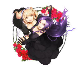 Rule 34 | 2girls, barbed wire, black dress, black gloves, blonde hair, breast press, breasts, character request, cleavage, copyright request, cover, dress, fingernails, flower, from above, fujimi-hime -aru zombie shoujo no sainan-, gloves, interlocked fingers, leaf, lips, long hair, long sleeves, looking at viewer, looking up, maid, multiple girls, nail polish, open mouth, pink eyes, poaro, purple hair, rose, round image, simple background, smile, symmetrical docking, thorns, twintails, white background, white legwear, yellow eyes, yellow nails