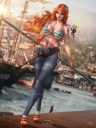Rule 34 | 1boy, 1girl, bikini, bikini top only, breasts, brown eyes, character doll, cleavage, denim, highres, jeans, large breasts, long hair, midriff, mini person, miniboy, nami (one piece), navel, one piece, orange hair, pants, patreon username, sandals, sanji (one piece), ship, shoulder tattoo, standing, swimsuit, tattoo, torn clothes, watercraft, weapon, yam spectrum