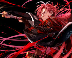 Rule 34 | 1boy, arms up, black background, black gloves, blood, blood from mouth, blood on face, clenched teeth, commentary request, earclip, earrings, fate/grand order, fate (series), fingerless gloves, floating hair, gloves, hair between eyes, highres, holding, holding sword, holding weapon, japanese clothes, jewelry, long hair, male focus, morita yuu, multicolored hair, parted bangs, parted lips, profile, red eyes, red hair, simple background, solo, sword, takasugi shinsaku (fate), teeth, v-shaped eyebrows, very long hair, weapon, white hair, wide sleeves