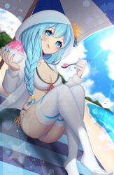 Rule 34 | ass, beach, bird, blue eyes, blue hair, blue nails, blue sky, bowl, braid, braided ponytail, breasts, character request, cloud, copyright request, dot nose, eyebrows, eyelashes, flower, food, hair between eyes, hair ornament, hat, highres, kamaniki, lens flare, long hair, matching hair/eyes, medium breasts, parasol, sand, sitting, sky, sparkle, sparkling eyes, spoon, swimsuit, thighhighs, tongue, tongue out, umbrella, water, watermark