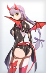 Rule 34 | 1girl, alternate costume, ass, ass support, blush, braid, breasts, brown eyes, clair lasbard, demon girl, demon horns, demon tail, demon wings, embarrassed, fingerless gloves, gloves, hair ribbon, highres, horns, huge ass, large breasts, long hair, long sleeves, looking at viewer, ribbon, shiny clothes, shiny skin, short shorts, shorts, sideboob, silver hair, single braid, solo, star ocean, star ocean anamnesis, star ocean till the end of time, tail, tairakakeru, thighhighs, very long hair, wings