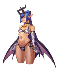 Rule 34 | 1girl, animal print, annoyed, arms at sides, bell, bikini, black choker, blue hair, blush, breasts, breasts apart, chinese zodiac, choker, clenched hands, clenched teeth, commentary, cosmikaizer, cow print, cowbell, cowboy shot, cropped legs, demon girl, demon horns, demon wings, earrings, elbow gloves, english commentary, gloves, high ponytail, highres, horns, jewelry, long hair, long pointy ears, looking down, melody goetia (cosmikaizer), navel, nose blush, original, pointy ears, ponytail, pubic tattoo, side-tie bikini bottom, simple background, small breasts, solo, standing, swimsuit, tattoo, teeth, very long hair, white background, wings, year of the ox, yellow eyes