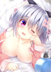 Rule 34 | 1girl, animal ears, bare shoulders, blush, bow, breasts, cleavage, hair bow, hair ribbon, large breasts, long hair, long sleeves, looking at viewer, no bra, one eye closed, ooji cha, open mouth, original, oziko (ooji cha), pink bow, pink eyes, pink ribbon, ribbon, silver hair, solo