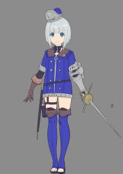Rule 34 | 1girl, arms at sides, black choker, black ribbon, blue eyes, blue footwear, blue jacket, blunt bangs, boots, bow, bow choker, brown gloves, buttons, choker, closed mouth, double-breasted, enkyo yuuichirou, full body, gauntlets, gloves, grey background, grey hair, gun, hair ribbon, handgun, hat, holding, holding sword, holding weapon, holster, jacket, knee boots, leg strap, legs together, looking at viewer, mini hat, original, rapier, revolver, ribbon, scabbard, sheath, short hair, single gauntlet, smile, solo, standing, sword, thigh strap, toeless footwear, unsheathed, weapon, zipper