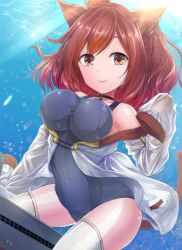 Rule 34 | 1girl, air bubble, animal ears, azur lane, blue one-piece swimsuit, breasts, bubble, cat ears, cat girl, cat tail, collar, diving, freediving, i-19 (azur lane), jacket, large breasts, light rays, long sleeves, ocean, one-piece swimsuit, red hair, ribbon, school swimsuit, sleeves past wrists, solo, submarine, submerged, sunlight, swimsuit, tail, tail ornament, tail ribbon, underwater, watercraft, y2