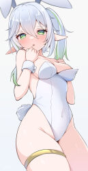 Rule 34 | 1girl, :o, aged up, alternate costume, animal ears, bare shoulders, blush, breasts, covered erect nipples, cowboy shot, fake animal ears, fake tail, genshin impact, green eyes, green hair, grey background, grey hair, hair between eyes, highleg, highleg leotard, highres, leotard, long hair, looking at viewer, multicolored hair, nahida (genshin impact), nipple slip, nipples, playboy bunny, pointy ears, rabbit ears, rabbit tail, side ponytail, simple background, small breasts, solo, standing, strapless, strapless leotard, symbol-shaped pupils, tail, thigh strap, thighs, two-tone hair, white leotard, wrist cuffs, xlyami