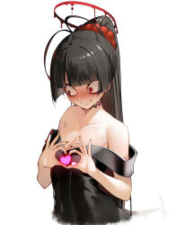 Rule 34 | 1girl, antenna hair, bags under eyes, bare shoulders, black hair, black nails, black wings, blood, blood halo, blue archive, blunt bangs, blush, breasts, closed mouth, dark halo, dress, embarrassed, hair ornament, hair scrunchie, halo, heart, heart hands, high ponytail, highres, liquid halo, long hair, looking to the side, low wings, medium breasts, melting halo, nekomu, nose blush, off-shoulder dress, off shoulder, official alternate costume, ponytail, red eyes, red halo, red scrunchie, scrunchie, simple background, smile, solo, sweat, tsurugi (blue archive), upper body, very long hair, white background, wings