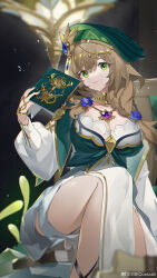 Rule 34 | 1girl, absurdres, akademiya uniform, beret, blue flower, blue gemstone, book, book stack, braid, breasts, brown hair, cleavage, closed mouth, dress, feet out of frame, flower, gem, genshin impact, gold choker, green dress, green eyes, green hat, hat, highres, holding, holding book, knee up, large breasts, light particles, lisa (a sobriquet under shade) (genshin impact), lisa (genshin impact), long hair, long sleeves, looking at viewer, official alternate costume, open book, sitting, solo, very long hair, vision (genshin impact), white sleeves, yushe quetzalli