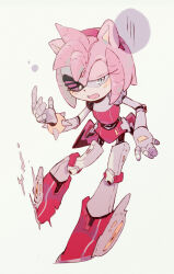 Rule 34 | 1girl, amy rose, animal ears, animal nose, armor, commentary, english commentary, eyelashes, full body, furry, furry female, green eyes, hairband, half-closed eyes, hand up, hedgehog ears, hedgehog girl, highres, leg up, looking to the side, mecha, open mouth, pink armor, pink fur, pink hairband, rivernull, robot, rusty rose, simple background, solo, sonic (series), sonic prime, standing, standing on one leg, teeth, tongue, white background