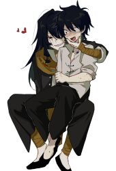 Rule 34 | 2boys, bandaged arm, bandaged leg, bandages, black eyes, black footwear, black hair, black jacket, black pants, blush, body freckles, chinese commentary, collared shirt, commentary request, constricted pupils, facial tattoo, flats, freckles, fu shun (touqi guaitan), grin, heart, highres, hongdousuannai57953, invisible chair, jacket, long hair, male focus, multiple boys, nervous smile, open clothes, open collar, open jacket, open mouth, pants, scarf, shirt, short hair, simple background, sitting, sitting on lap, sitting on person, sleeves rolled up, smile, sweat, tattoo, touqi guaitan, white background, white shirt, wide-eyed, yaoi, yellow scarf, ziche fuzhao