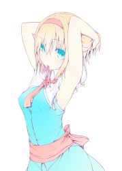 Rule 34 | 1girl, adapted costume, adjusting hair, alice margatroid, armpits, arms up, blonde hair, blue eyes, capelet, dress, hairband, highres, looking at viewer, mouth hold, necktie, nirap, ribbon, sash, short hair, simple background, sleeveless, solo, touhou, upper body, white background