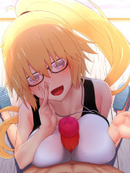 Rule 34 | (rakuichimonji), 1boy, 1girl, black-framed eyewear, black one-piece swimsuit, blonde hair, blue eyes, blush, braid, breasts squeezed together, breasts, competition swimsuit, fate/grand order, fate (series), glasses, hairband, head tilt, highres, jeanne d&#039;arc (fate), jeanne d&#039;arc (ruler) (fate), jeanne d&#039;arc (swimsuit archer) (fate), large breasts, long hair, nose blush, one-piece swimsuit, open mouth, paizuri, penis, ponytail, pov, prophecy, sandals, single braid, smile, solo focus, swimsuit, white one-piece swimsuit