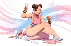 Rule 34 | 1girl, alternate costume, bracelet, breasts, brown eyes, brown hair, bun cover, capcom, china dress, chinese clothes, chun-li, cleavage, double bun, dress, earrings, eating, eyeshadow, female focus, food, hair ribbon, burger, jewelry, legs, makeup, mcdonald&#039;s, one eye closed, pelvic curtain, ribbon, robaato, short hair, sideboob, sitting, smile, solo, street fighter, thick thighs, thighs, v, wink