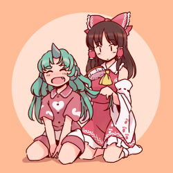 Rule 34 | 2girls, ascot, black hair, blush, bow, closed eyes, closed mouth, collared shirt, detached sleeves, fang, frilled skirt, frills, green hair, hair bow, hair tubes, hakurei reimu, horns, japanese clothes, kariyushi shirt, komano aunn, long hair, multiple girls, nontraditional miko, open mouth, rangycrow, red bow, red shirt, red skirt, ribbon-trimmed sleeves, ribbon trim, shirt, short sleeves, shorts, sidelocks, simple background, single horn, skirt, smile, socks, touhou, unfinished dream of all living ghost, white shorts, white sleeves, white socks, wide sleeves, yellow ascot