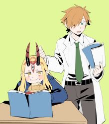 Rule 34 | 1boy, 1girl, belt, black belt, blonde hair, blue jacket, book, clenched hand, collared shirt, crumbs, desk, eating, fang, fate/grand order, fate (series), food, food on face, green background, green eyes, green necktie, grey pants, hair over one eye, holding, holding book, horns, ibaraki douji (fate), jacket, lower teeth only, necktie, oneroom-disco, orange hair, pants, pointy ears, reading, robin hood (fate), school desk, school uniform, shirt, short hair, teeth, waffle, white shirt, yellow eyes