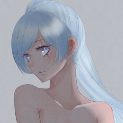 Rule 34 | 1girl, asymmetrical bangs, bare shoulders, blue eyes, unworn clothes, collarbone, embarrassed, eyelashes, female focus, flat chest, grey background, unworn headwear, highres, long hair, long image, looking at viewer, neck, no bra, no headwear, nude, pale skin, ponytail, riri (artist), rwby, scar, scar across eye, scar on face, shy, side ponytail, simple background, skinny, solo, tall image, topless, topless frame, tsundere, upper body, very long hair, weiss schnee, white hair