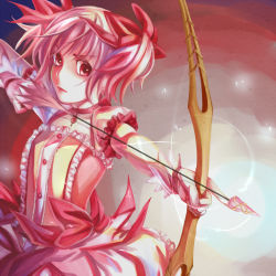 Rule 34 | 10s, 1girl, arrow (projectile), bad id, bad pixiv id, bow, bow (weapon), choker, drawing bow, female focus, gloves, gradient background, hair bow, haruhikohiko, holding, holding bow (weapon), holding weapon, kaname madoka, magical girl, mahou shoujo madoka magica, mahou shoujo madoka magica (anime), pink eyes, pink hair, puffy sleeves, short twintails, solo, twintails, weapon, white gloves