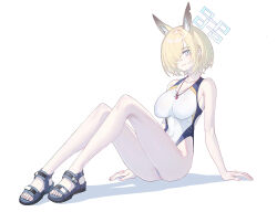 Rule 34 | 1girl, animal ears, bare legs, black footwear, blonde hair, blue archive, blue eyes, echj, halo, highres, kanna (blue archive), kanna (swimsuit) (blue archive), looking at viewer, one-piece swimsuit, sandals, short hair, sitting, smile, solo, sports sandals, swimsuit, two-tone swimsuit, white background