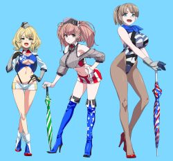 Rule 34 | 3girls, alternate costume, american flag, american flag print, atlanta (kancolle), black gloves, black legwear, black panties, blonde hair, blue background, blue eyes, blue footwear, blue scarf, boots, braid, breasts, brown hair, closed umbrella, clothes writing, colorado (kancolle), cropped jacket, earrings, flag print, full body, garrison cap, gloves, grey eyes, grey headwear, hands on own chest, hat, high heel boots, high heels, highleg, highleg panties, highres, holding, holding umbrella, huge breasts, ifuji shinsen, intrepid (kancolle), jewelry, kantai collection, large breasts, leotard, long hair, long sleeves, medium breasts, midriff, multicolored clothes, multicolored gloves, multicolored leotard, multiple girls, navel, off shoulder, open mouth, panties, pantyhose, partially fingerless gloves, ponytail, race queen, red footwear, scarf, short hair, short shorts, shorts, side braids, simple background, skirt, standing, star (symbol), star earrings, thigh boots, thighhighs, twitter username, two side up, umbrella, underwear, white footwear, white gloves, white shorts