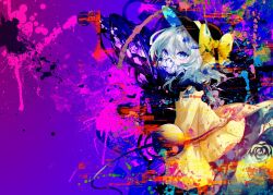 Rule 34 | 1girl, ascot, black headwear, blue eyes, bow, flower, gas mask, glitch, gradient background, green hair, komeiji koishi, looking at viewer, mask, mirimo, paint splatter, purple background, short hair, solo, touhou, yellow ascot, yellow bow