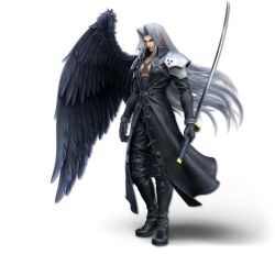 Rule 34 | 1boy, 3d, angel wings, armor, artist request, black coat, black footwear, black gloves, black pants, black wings, blue eyes, boots, closed mouth, coat, collarbone, feathered wings, final fantasy, final fantasy vii, forehead, full body, gloves, grey hair, hair intakes, happy, high collar, highres, holding, holding sword, holding weapon, katana, long hair, long sleeves, looking at viewer, male focus, masamune (ff7), nintendo, official art, pants, sephiroth, shoulder armor, single wing, smile, solo, square enix, standing, super smash bros., sword, thigh boots, thighhighs, transparent background, trench coat, very long hair, weapon, white background, white hair, wings