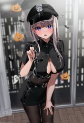 Rule 34 | 1girl, belt, black belt, black bodysuit, black hat, black pantyhose, black shirt, black skirt, blurry, blurry background, blush, bodysuit, breasts, buckle, chigusa minori, cleavage, collared shirt, commentary request, corrupted twitter file, cowboy shot, crop top, cuffs, flying sweatdrops, halloween, hand on own thigh, hand up, handcuffs, hat, highres, holding, holding handcuffs, indoors, jack-o&#039;-lantern, large breasts, leaning forward, light brown hair, long hair, looking at viewer, open mouth, pantyhose, partially unbuttoned, police, police uniform, policewoman, purple eyes, saotome shino (shino to ren), shino to ren, shirt, short sleeves, skirt, solo, standing, sweat, swept bangs, taut clothes, taut shirt, uniform