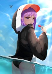 Rule 34 | 1girl, absurdres, aircraft, airplane, animal costume, ass, bikini, bikini under clothes, black bikini, blue eyes, blue sky, candy, cloud, commentary request, cowboy shot, day, fate/grand order, fate (series), food, from behind, highres, holding, holding food, lollipop, long sleeves, looking at viewer, looking back, meltryllis, meltryllis (fate), meltryllis (swimsuit lancer) (fate), meltryllis (swimsuit lancer) (first ascension) (fate), outdoors, partially submerged, partially underwater shot, penguin costume, purple hair, revision, short hair, skai kun, sky, solo, swimsuit, underwater, wading, water, wide sleeves