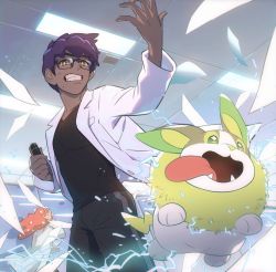 Rule 34 | 1boy, 1girl, aged up, black pants, black shirt, ceiling, clenched teeth, commentary request, creatures (company), dark-skinned male, dark skin, electricity, from below, game freak, gen 8 pokemon, glasses, holding, hop (pokemon), indoors, korean commentary, lab coat, looking at viewer, mikripkm, nintendo, orange hair, pants, pokemon, pokemon (creature), pokemon swsh, purple hair, shirt, short hair, sonia (pokemon), sweat, teeth, tile ceiling, tiles, yamper, yellow eyes