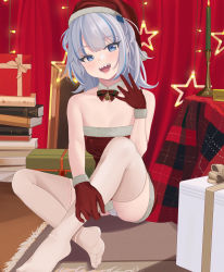 Rule 34 | absurdres, bell, blue eyes, book, bow, candle, christmas, christmas ornaments, fangs, feet, gawr gura, gift, gloves, hat, highres, hololive, hololive english, neck bell, pale skin, quatthro, sitting, smile, thighhighs, virtual youtuber