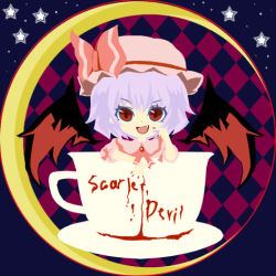 Rule 34 | 1girl, bad id, bad pixiv id, bat wings, chibi, cup, female focus, hat, in container, in cup, lowres, mana tea, purple hair, red eyes, remilia scarlet, short hair, solo, touhou, upper body, wings