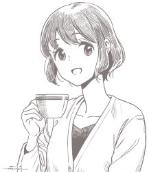 Rule 34 | 1girl, black hair, cardigan, collarbone, commentary request, cup, dated, holding, holding cup, horikou, monochrome, open mouth, shima saki, short hair, signature, simple background, yurucamp