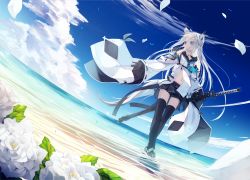 Rule 34 | 1girl, animal ears, azur lane, beach, black gloves, black skirt, black thighhighs, blue eyes, blue neckerchief, blue sky, closed mouth, cloud, cloudy sky, commentary request, day, detached sleeves, dress, expressionless, flower, fox ears, fox tail, gloves, grey hair, hair between eyes, highres, holding, holding sword, holding weapon, kawakaze (azur lane), long hair, long sleeves, nagishiro mito, navel, neckerchief, pleated skirt, ribbon-trimmed sleeves, ribbon trim, skirt, sky, solo, sword, tail, thighhighs, very long hair, weapon, white flower, wide sleeves