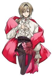 Rule 34 | 1boy, ascot, belt, black belt, blonde hair, bow, brown eyes, brown pants, cape, flower, formal, fragaria memories, gem, hair bow, hand on own chest, long hair, low ponytail, male focus, pants, red cape, red flower, red gemstone, red rose, romarriche (fragaria memories), rose, shirt, sketch, solo, tumitumi56155, white ascot, white background, white bow, white shirt