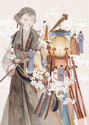 Rule 34 | 3boys, 5girls, arm up, beads, black background, branch, chinese clothes, chinese commentary, closed mouth, cloud, coat, commentary request, dancing, dragon, dress, earrings, eastern dragon, eyelashes, flat chest, floral background, floral print, flower, flower button, flute, food, fruit, futou, gem, giving, grey background, guan hat, hagoromo, hair bun, hair flower, hair ornament, hair ribbon, hair rings, half updo, hand fan, hand up, hands up, hanfu, head tilt, hetero, highres, holding, holding fan, holding flower, instrument, jewelry, lantern, layered sleeves, light particles, lipstick, long hair, long sleeves, looking at another, makeup, mini person, miniboy, minigirl, multiple boys, multiple girls, music, off shoulder, original, paper fan, paper lantern, peach, playing instrument, ribbon, robe, sash, shawl, single hair bun, sleeves past wrists, solo focus, standing, strapless, uchiwa, updo, white flower, wide sleeves, xiaoxia xj