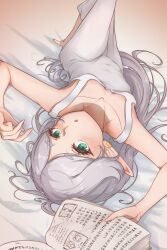 Rule 34 | 1girl, akatsuki (akatsukinotsuki), armpits, barefoot, book, breasts, elf, frieren, grey hair, grimoire, highres, holding, holding book, long hair, looking at viewer, on bed, perspective, pointy ears, small breasts, solo, sousou no frieren, very long hair