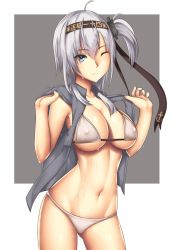 Rule 34 | 1girl, ahoge, anchor print, arcie albano, bikini, blue eyes, breasts, closed mouth, clothes writing, collarbone, contrapposto, covered erect nipples, cowboy shot, grey vest, hachimaki, hair between eyes, hands up, headband, highres, hip focus, kantai collection, large breasts, looking at viewer, navel, one eye closed, one side up, open clothes, open vest, revision, side ponytail, sidelocks, silver hair, smile, solo, standing, suzutsuki (kancolle), swimsuit, thighs, underboob, vest, wet, white bikini