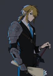 Rule 34 | 1boy, alternate costume, armor, black gloves, black jacket, blonde hair, blue eyes, blue necktie, bouquet, collared shirt, contemporary, cowboy shot, earrings, fingerless gloves, flower, formal, gauntlets, gloves, grey background, hair between eyes, hand on hilt, highres, holding, holding bouquet, jacket, jewelry, link, looking at viewer, low ponytail, male focus, medium hair, necktie, nintendo, pointy ears, ponytail, shikiri, shirt, shoulder armor, shoulder belt, sidelocks, silent princess, simple background, solo, standing, suit, sword, the legend of zelda, the legend of zelda: breath of the wild, weapon, white shirt