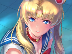 Rule 34 | 1girl, bad id, bad pixiv id, bishoujo senshi sailor moon, blonde hair, blue eyes, blue sailor collar, breasts, choker, circlet, cleavage, clenched teeth, crescent, crescent earrings, derivative work, diadem, double bun, earrings, frown, hair bun, hair ornament, hair over shoulder, heart, heart choker, highres, jewelry, karaagemaru, long hair, looking to the side, meme, parted bangs, parted lips, red choker, sailor collar, sailor moon, sailor moon redraw challenge (meme), sailor senshi, sailor senshi uniform, screenshot redraw, solo, sweatdrop, teeth, tsukino usagi, twintails, upper body