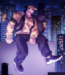 Rule 34 | 1boy, absurdres, baimeme, bara, baseball cap, beard, biceps, big feet, black hair, city, city lights, clenched hands, denim, dog, earbuds, earphones, facial hair, glowing, glowing eyes, hat, highres, jacket, jeans, large hands, long hair, long sleeves, looking to the side, male focus, manly, mature male, muscular, muscular male, night, night sky, original, pants, pectorals, shirt, shoes, sky, sleeveless, smirk, sneakers, solo, spiked hair, thick arms, thick eyebrows, tight clothes, yellow eyes
