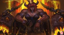 Rule 34 | 1girl, bowsette, breasts, chain, choker, cleavage, female focus, fingernails, highres, horns, large breasts, looking at viewer, mario (series), muscular, muscular female, new super mario bros. u deluxe, nintendo, rapixer, red eyes, red hair, scales, solo, super crown, super mario bros. 1