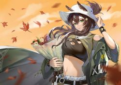 Rule 34 | 1girl, animal ears, arknights, arm up, autumn, autumn leaves, bare shoulders, belt, bouquet, bracelet, breasts, brown hair, closed mouth, cloud, coat, cowboy shot, crop top, flower, green coat, green eyes, grey hair, hair ornament, hand on headwear, highres, holding, holding bouquet, horse ears, jewelry, large breasts, leaf, long hair, long sleeves, looking at viewer, maple leaf, meteor (arknights), meteor (bard&#039;s holiday) (arknights), motion blur, multicolored hair, navel, official alternate costume, open clothes, open coat, outdoors, ponytail, rose, short ponytail, sky, smile, solo, star (symbol), star hair ornament, stomach, two-tone hair, ufoliving, white flower, white headwear, white rose, wind, yellow sky