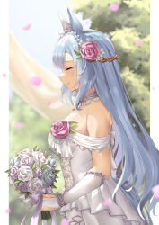 Rule 34 | 1girl, alternate costume, animal ears, bare shoulders, beruu, blue hair, blurry, blurry background, bouquet, breasts, bridal gauntlets, closed eyes, closed mouth, clothing cutout, collar, commission, dress, flower, from side, gloves, hair flower, hair ornament, highres, holding, holding bouquet, horse ears, horse girl, horse tail, long hair, mejiro ardan (umamusume), petals, pink flower, pink rose, pixiv commission, rose, sleeveless, sleeveless dress, small breasts, smile, solo, tail, tail through clothes, umamusume, upper body, wedding dress, white dress, white gloves