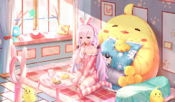 Rule 34 | 1girl, absurdres, animal ears, animal print, azur lane, bird, bladeless fan, breasts, carpet, character doll, chick, cleavage, collarbone, commentary request, cookie, curtains, eating, fake animal ears, food, grey eyes, hair between eyes, hair ornament, hairband, highres, holding, holding food, huge filesize, laffey (azur lane), laffey (sleep to clean another day) (azur lane), long hair, long sleeves, low twintails, manjuu (azur lane), meng mian, meowfficer (azur lane), official alternate costume, pajamas, paw print, plate, pudding, rabbit ears, rabbit print, sidelocks, sitting, spoon, striped clothes, striped thighhighs, sunlight, table, thighhighs, twintails, wariza, white hair, window, zettai ryouiki