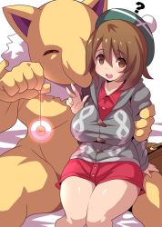 Rule 34 | 1girl, ?, alternate breast size, breasts, brown eyes, brown hair, cardigan, creatures (company), furry, furry male, furry with non-furry, game freak, gen 1 pokemon, gloria (pokemon), green headwear, grey cardigan, hair between eyes, hat, highres, hypno, interspecies, konno tohiro, large breasts, looking at viewer, mind control, nintendo, pokemon, pokemon (creature), pokemon swsh, pokephilia, red shorts, short hair, shorts, simple background, sitting, tam o&#039; shanter, thighs, v, white background